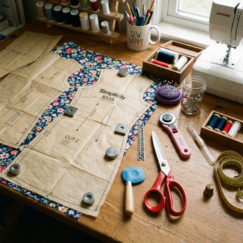 Sewing pattern pieces pinned on floral fabric with scissors, pins, measuring tape, and sewing machine on table