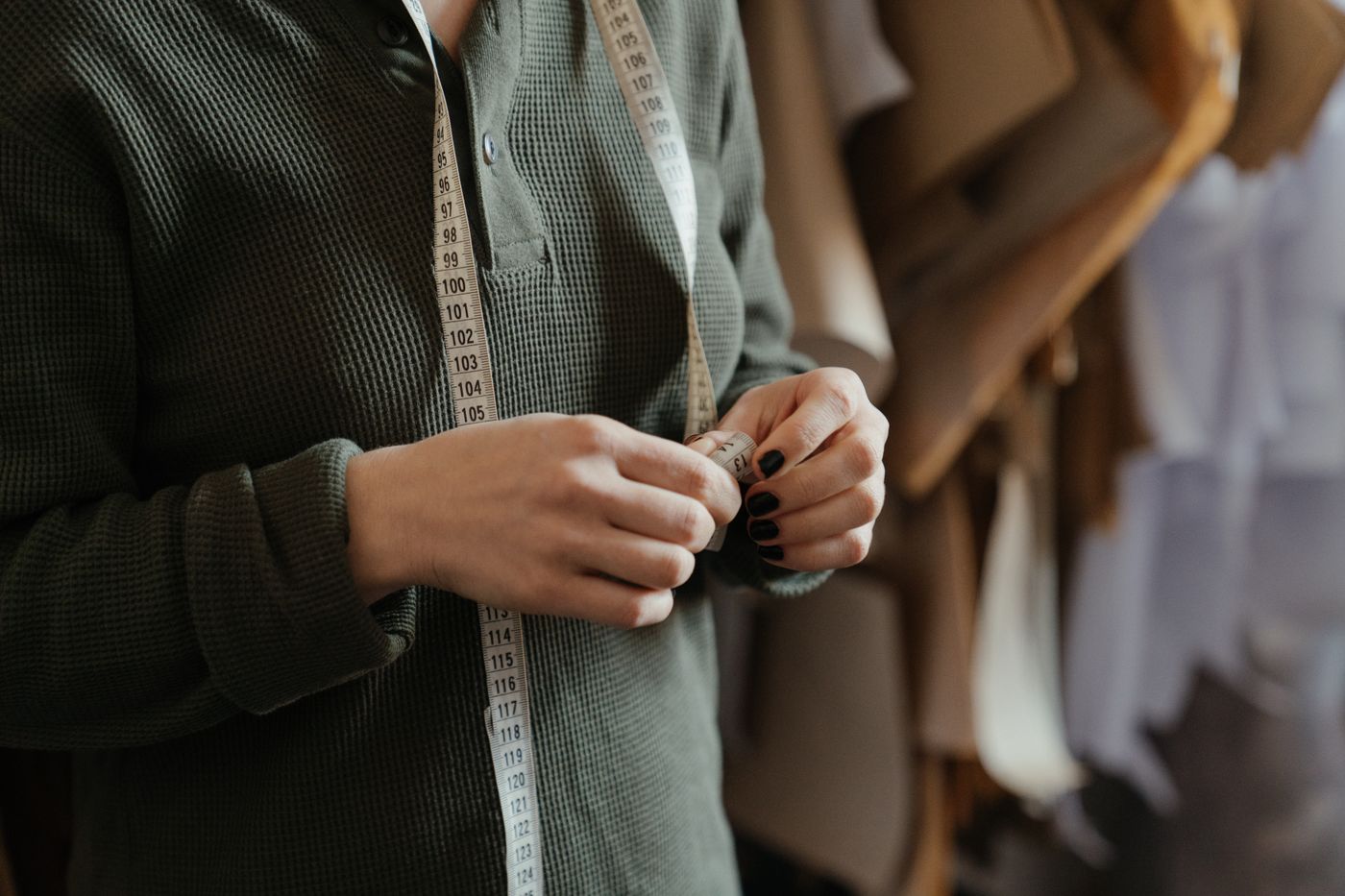Measuring tape used in a sewing studio to check shorts pattern fit